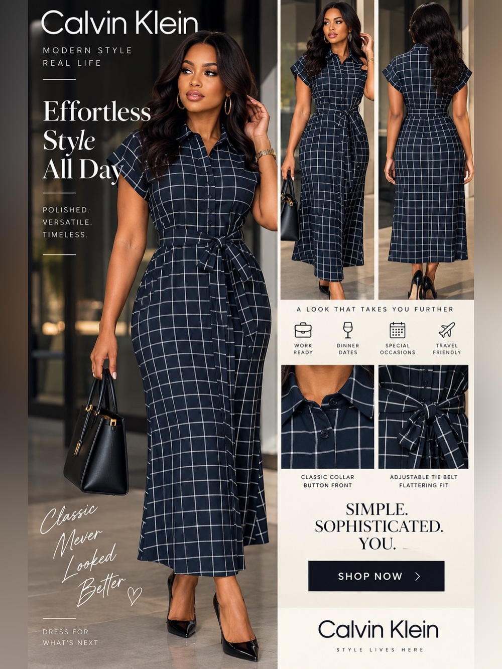Calvin Klein Navy and White Windowpane Maxi Dress size 10